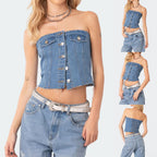 Damen Jeans-Top mit ärmellosem Design und Knopfleiste R&B