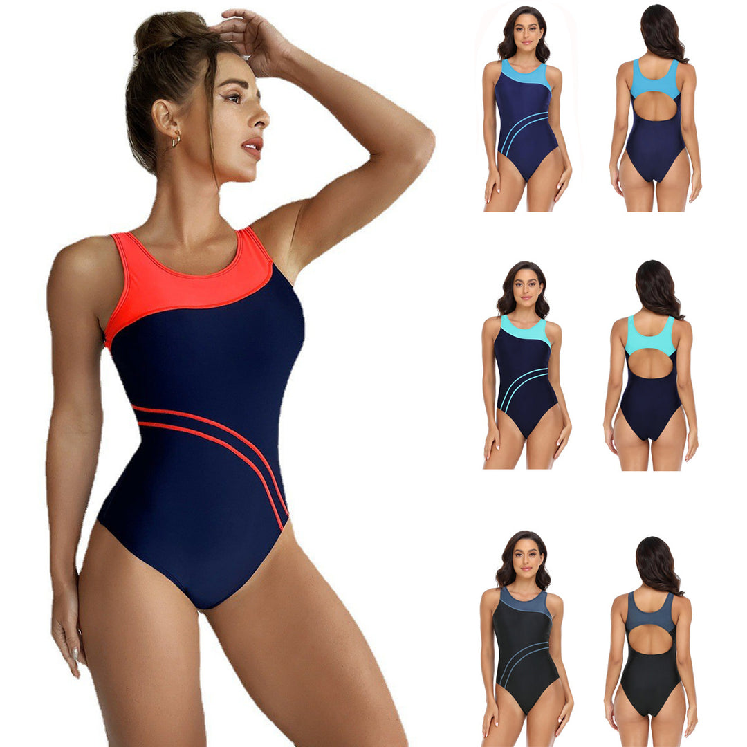 Damen Sportlicher Einteiler Badeanzug mit modischem Farbkontrast R&B