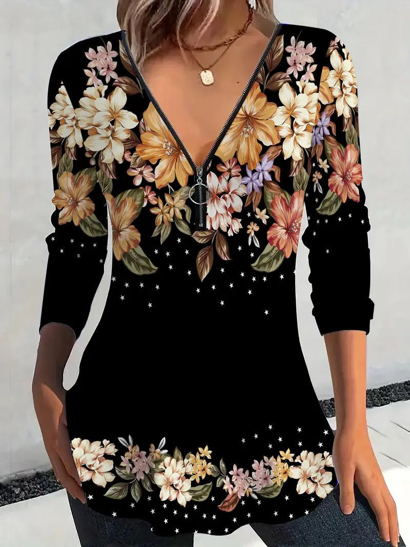 Damen Bluse mit floralem Print und Reißverschluss R&B