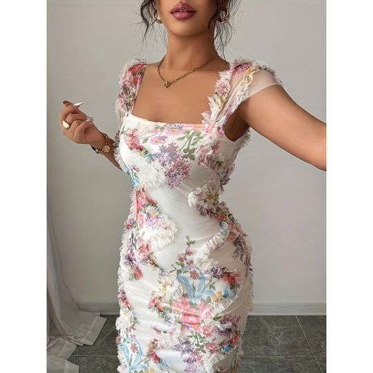 Damen Midikleid mit floralem Muster und zarter Rüschendetails R&B