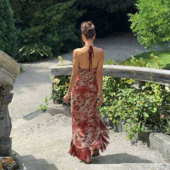 Damen asymmetrisches Floral-Maxikleid mit zartem Rüschensaum und verführerischem Schnitt R&B