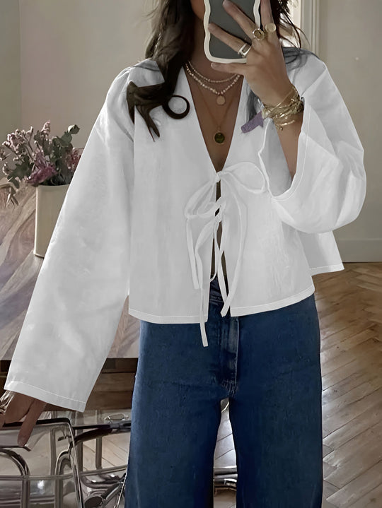 Damen cropped Bluse mit Bindeband und lockerer Passform R&B
