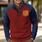 Herren nan strukturierter Halbknopf-Strickpullover im Cord-Look mit Raglanärmeln, aufgesetzter Brusttasche und Ellenbogenpatches R&B