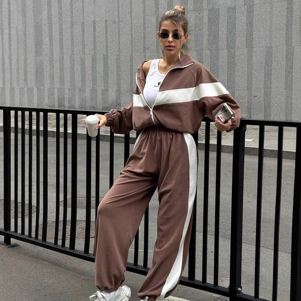 Damen sportliches Fleece-Set mit Reißverschluss und kontrastierenden Seiteneinsätzen R&B