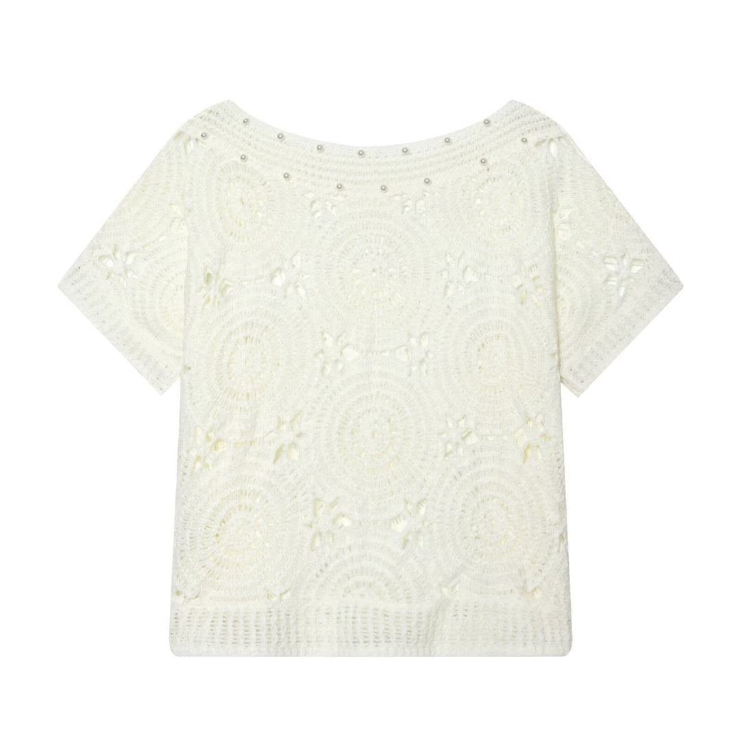 Damen Spitze T-Shirt mit luxuriöser Blumenstickerei und dekorativen Perlen R&B