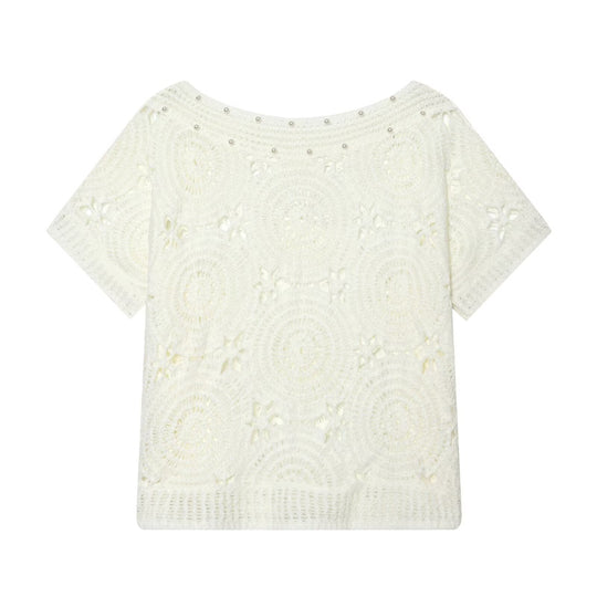 Damen Spitze T-Shirt mit luxuriöser Blumenstickerei und dekorativen Perlen R&B