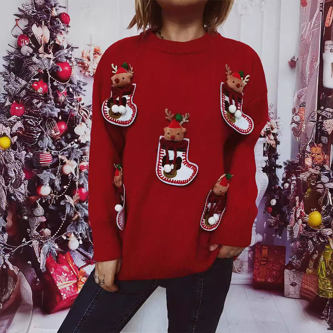 Damen Weihnachts-Strickpullover mit festlichem Rentier-Motiv und 3D-Details R&B