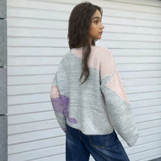 Damen kreativer Strickpullover mit asymmetrischem Ausschnitt und buntem Design R&B