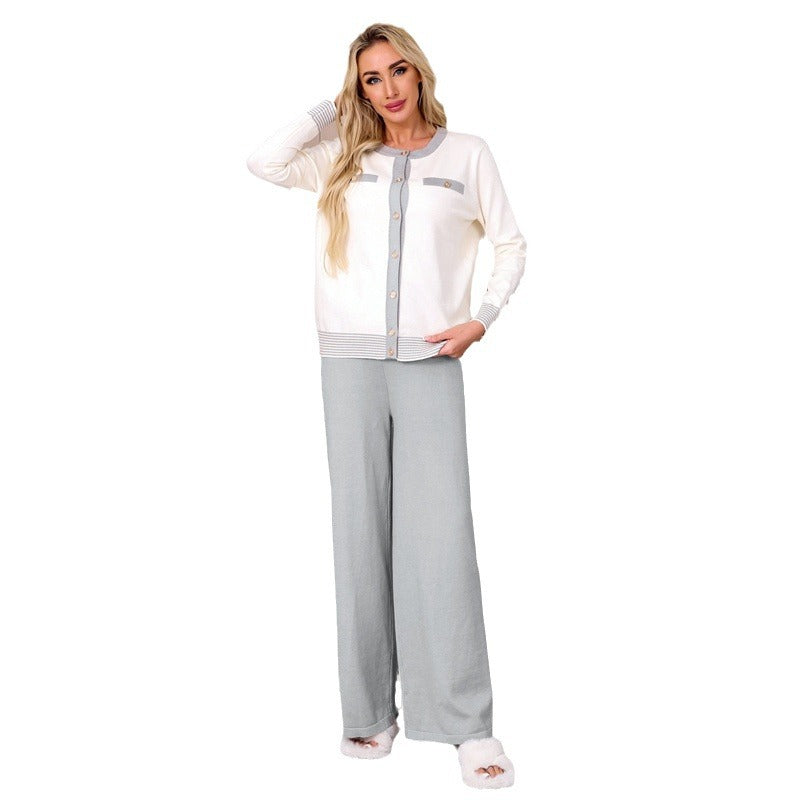 Damen Strick-Loungewear-Set mit feinen Knopfdetaillierungen und weitem Bein R&B