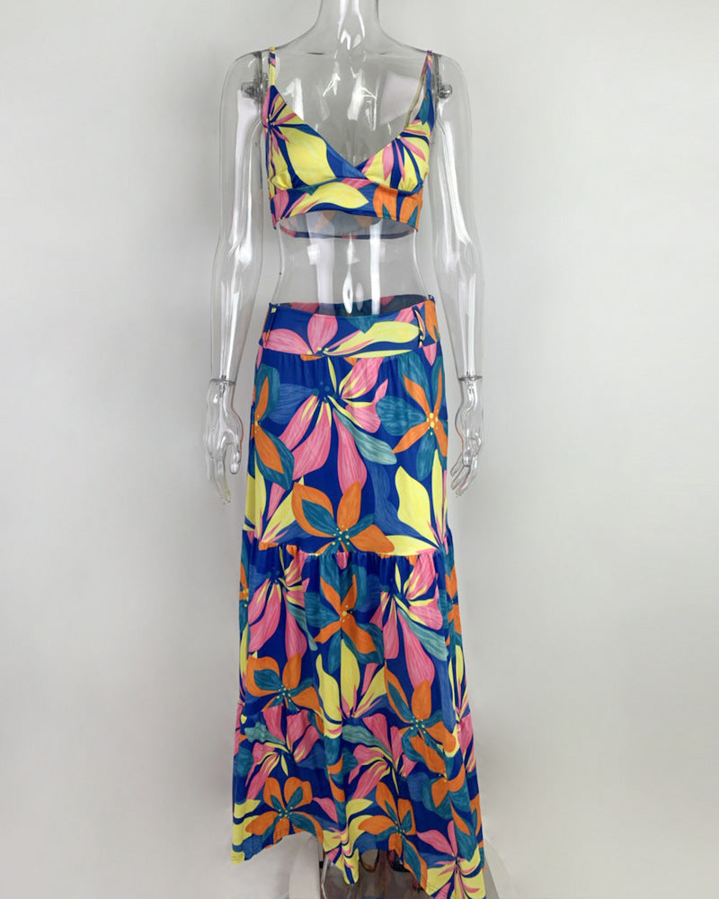 Damen Maxi-Rock mit kurzem Oberteil und buntem Blumenmuster R&B
