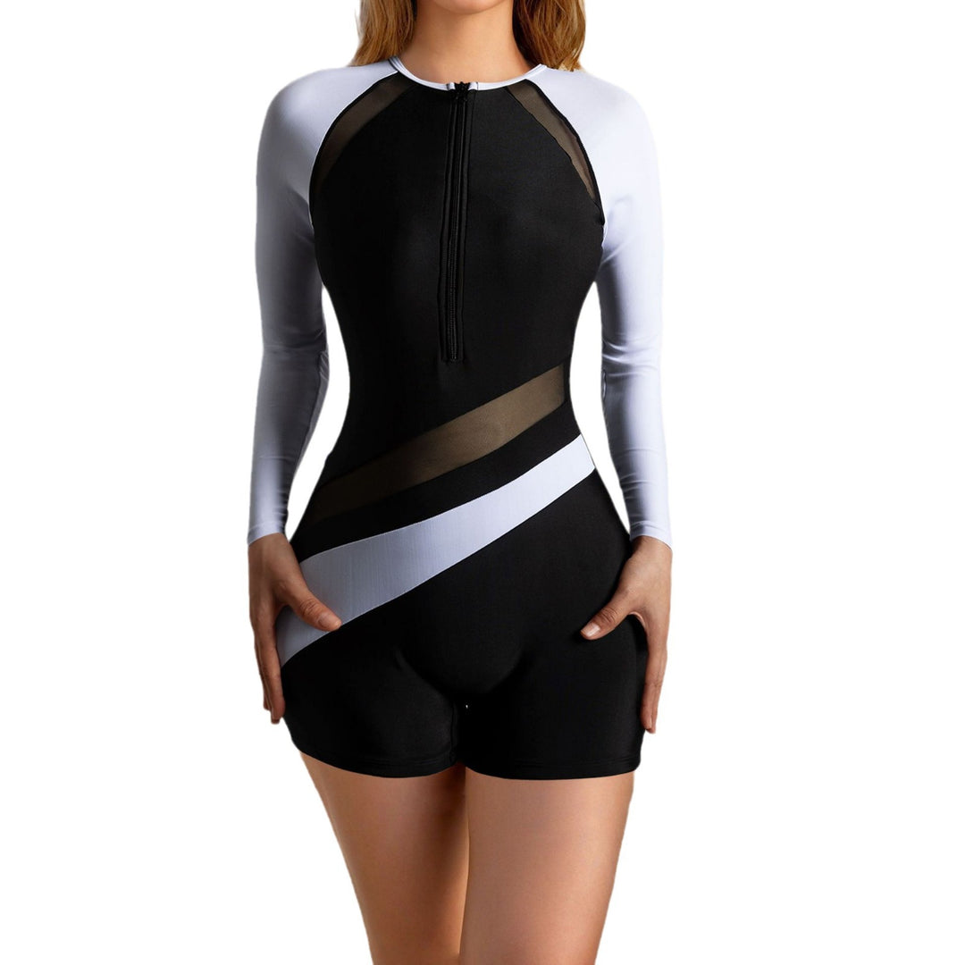 Damen Sportlicher Langarm-Badesuit mit stylischem Farbblock-Design R&B