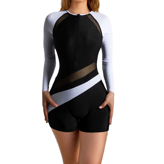 Damen Sportlicher Langarm-Badesuit mit stylischem Farbblock-Design R&B