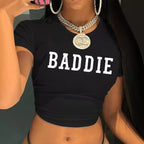 Damen figurbetontes Kurzarm-T-Shirt mit verspieltem Aufdruck R&B