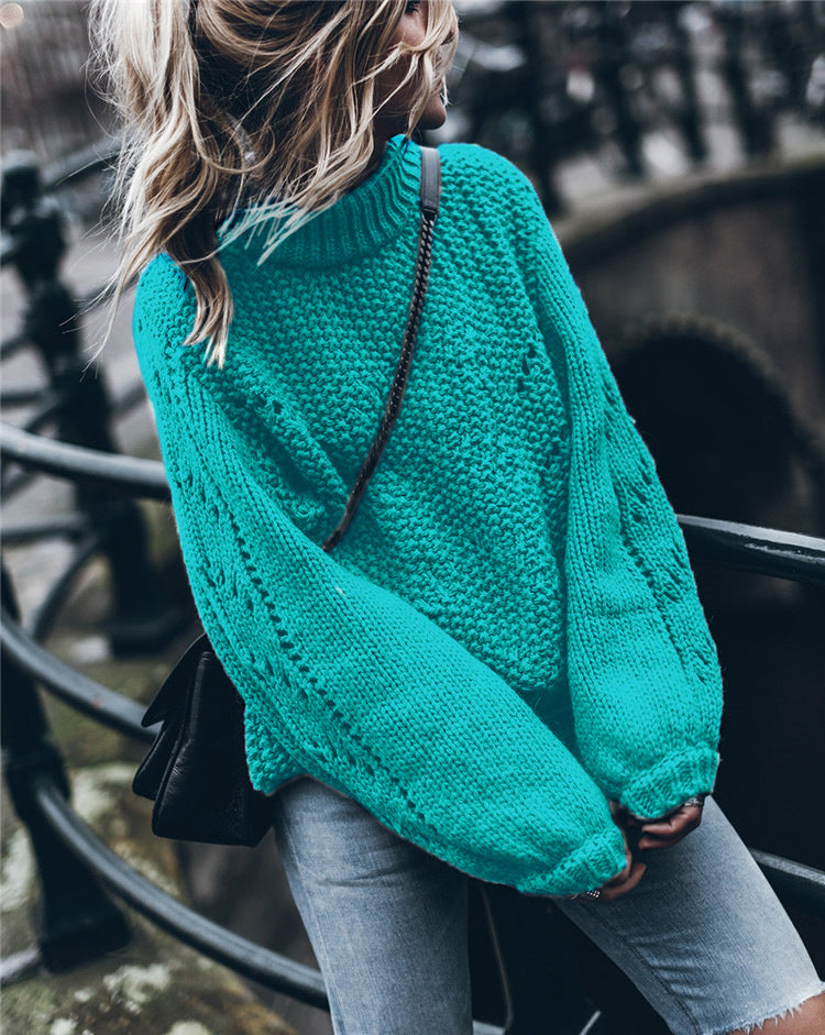 Damen Grobstrickpullover mit weitem Schnitt und modischem Rollkragen R&B