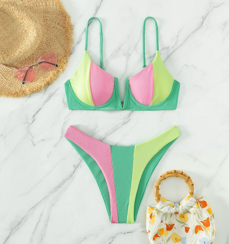 Damen Sportlicher Bikini mit modernem Farbblock-Design R&B