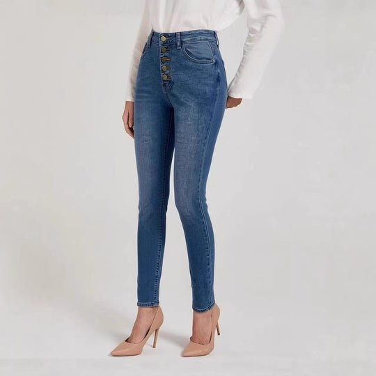 Damen Slim-Fit Jeans mit eleganter Knopfleiste und hohem Bund R&B
