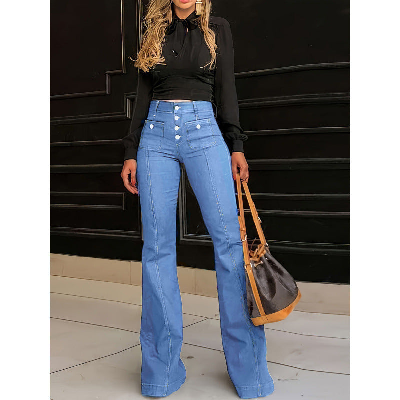 Damen Hochtaillierte Bootcut-Jeans mit dekorativen Knopfdetails R&B