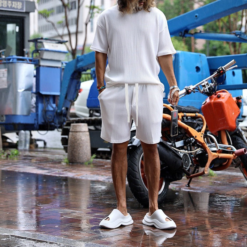 Herren nan lässiges Waffeljersey-Set mit weitem Oberteil und Tunnelzug-Shorts R&B