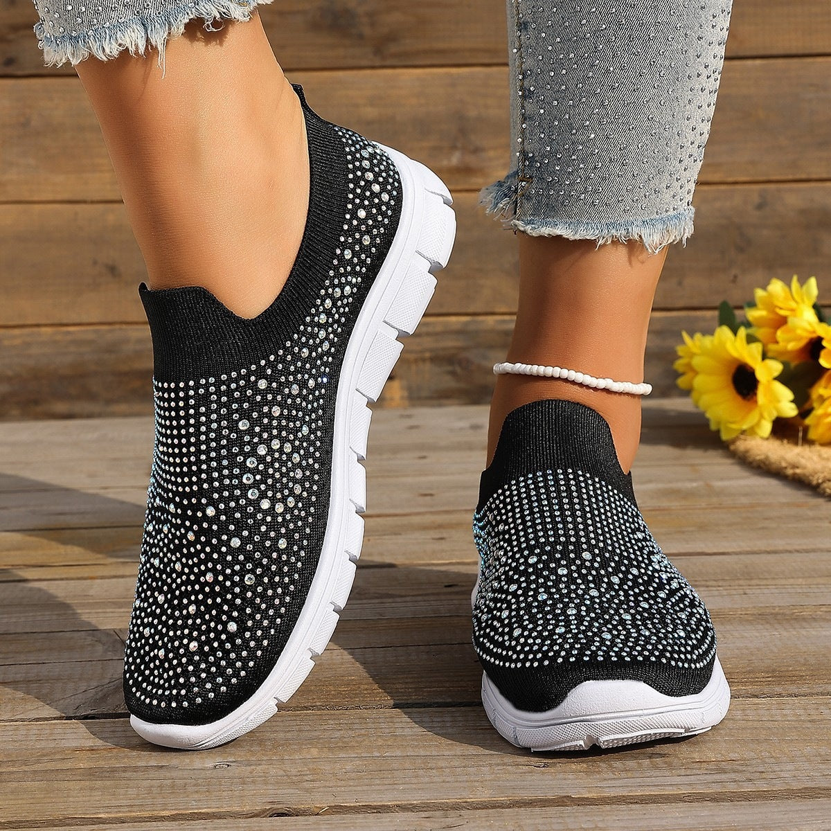 Damen Slip-On Sneakers mit funkelnden Strass-Applikationen R&B
