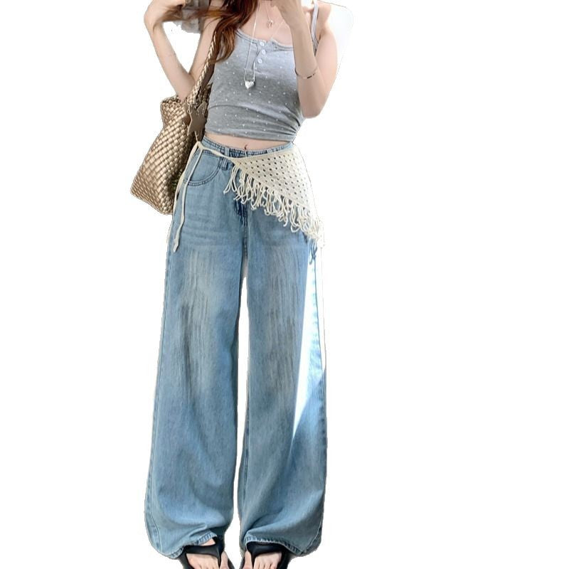 Damen Weite Jeanshose mit fransigem Gürtel R&B