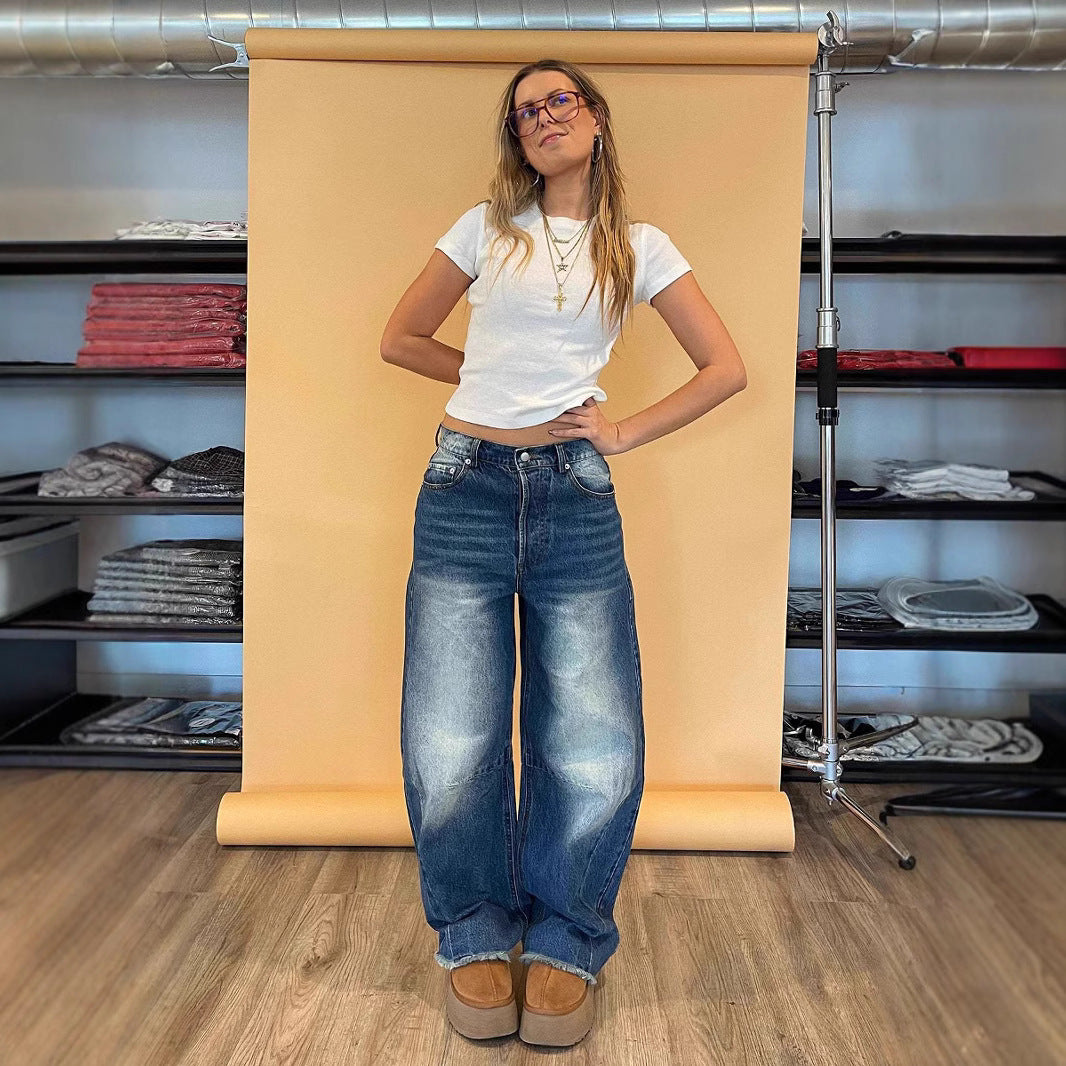 Damen modische weite Jeans mit einzigartigem Schnitt und hohem Bund R&B