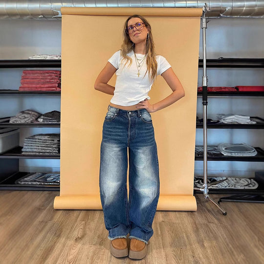 Damen modische weite Jeans mit einzigartigem Schnitt und hohem Bund R&B
