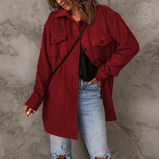 Damen vielseitige Oversize-Hemdjacke mit aufgesetzten Taschen und Knopfverschluss R&B