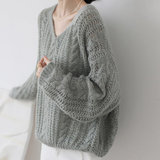 Damen Grobstrickpullover mit V-Ausschnitt und luftiger Struktur R&B