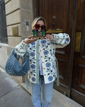 Damen gesteppte Jacke mit floralem Design und Knopfverschluss R&B