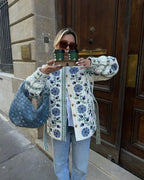 Damen gesteppte Jacke mit floralem Design und Knopfverschluss R&B