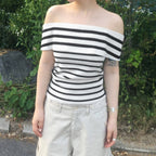Damen Off-Shoulder Oberteil mit gestreiftem Design und breitem Kragen R&B