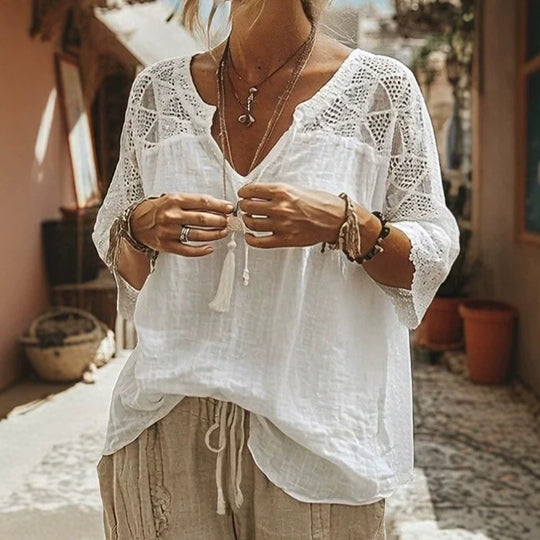 Damen nan locker fallende Tunika-Bluse im Boho-Stil mit gehäkelten Schulter- und Ärmeldetails R&B