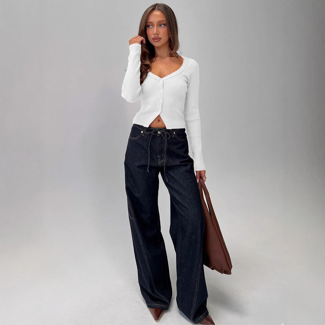 Damen Elegantes Ripp-Cardigan mit V-Ausschnitt und Knopfleiste R&B
