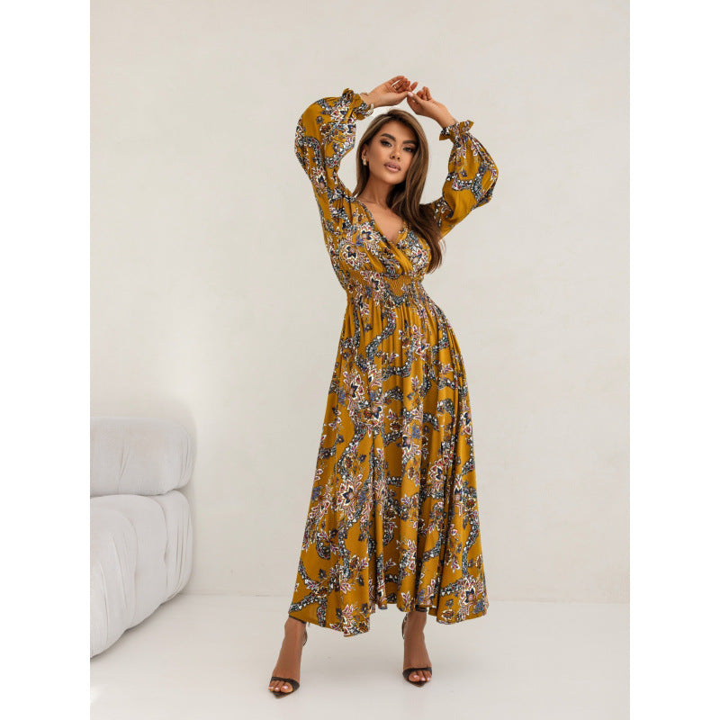 Damen Maxikleid mit tiefem V-Ausschnitt und voluminösen Ärmeln R&B