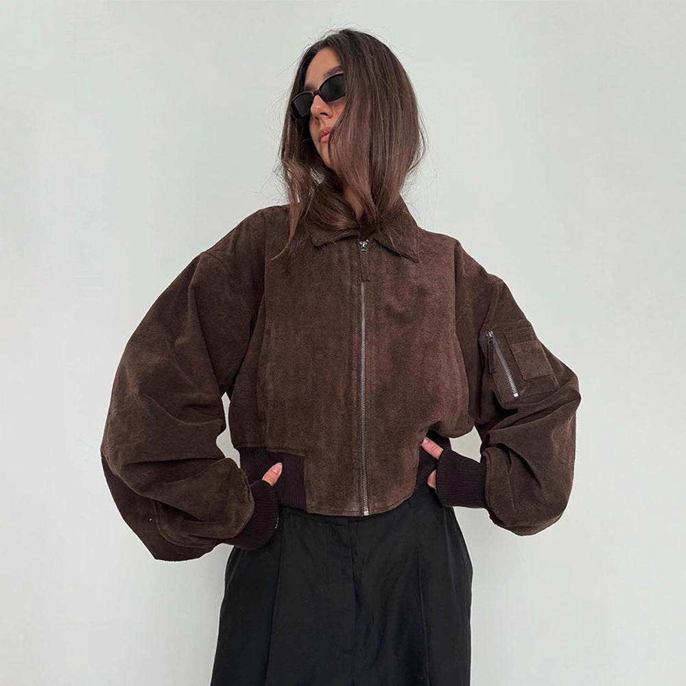 Damen Oversized Wildlederjacke mit gepolsterten Ärmeln R&B