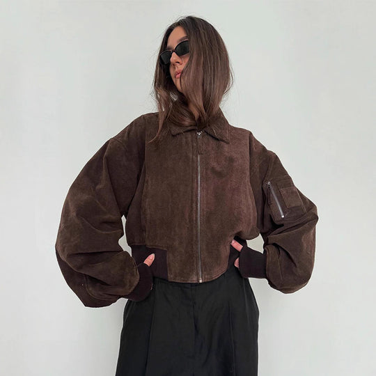 Damen Oversized Wildlederjacke mit gepolsterten Ärmeln R&B