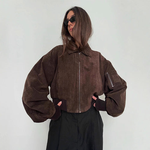 Damen Oversized Wildlederjacke mit gepolsterten Ärmeln R&B