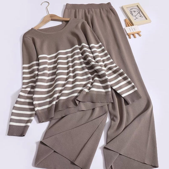 Damen gemütliches Strick-Loungewear-Set mit Streifenmuster R&B