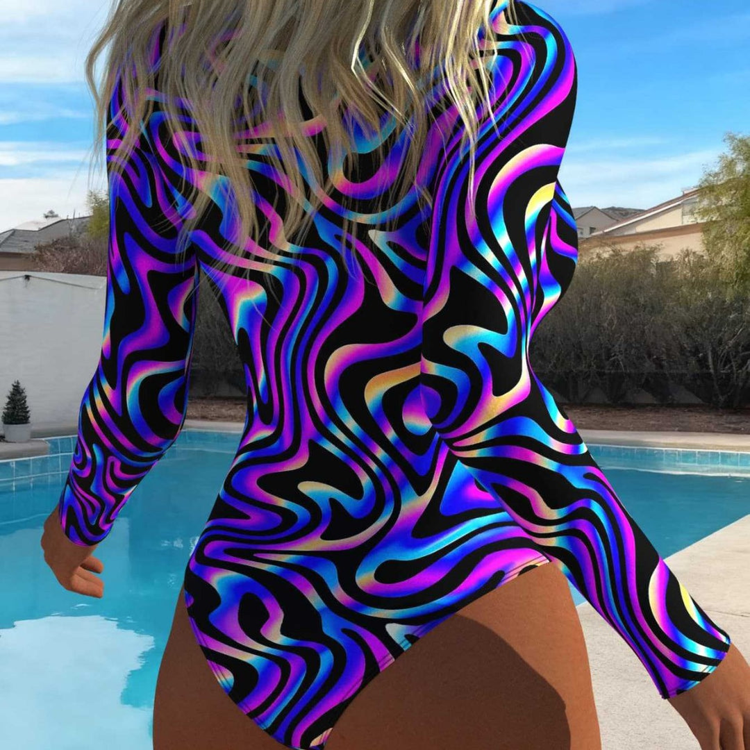 Damen eleganter Langarm-Schwimmanzug mit aufregendem Wellenmuster und hohem Kragen R&B