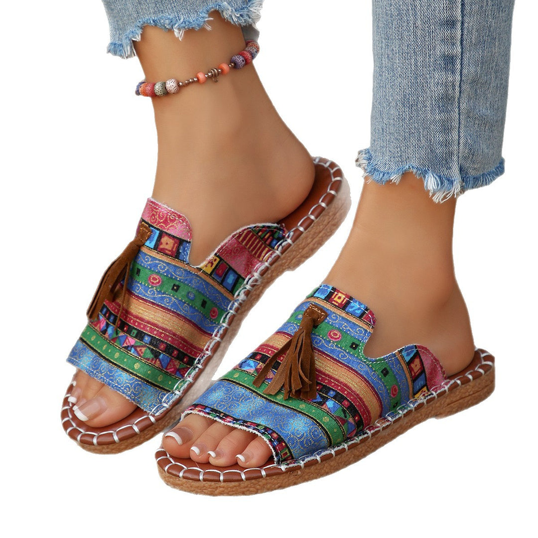 Damen Lifestyle Pantoletten mit verspieltem Tassel-Design und buntem Webmuster R&B
