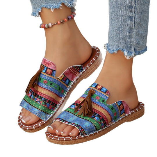 Damen Lifestyle Pantoletten mit verspieltem Tassel-Design und buntem Webmuster R&B