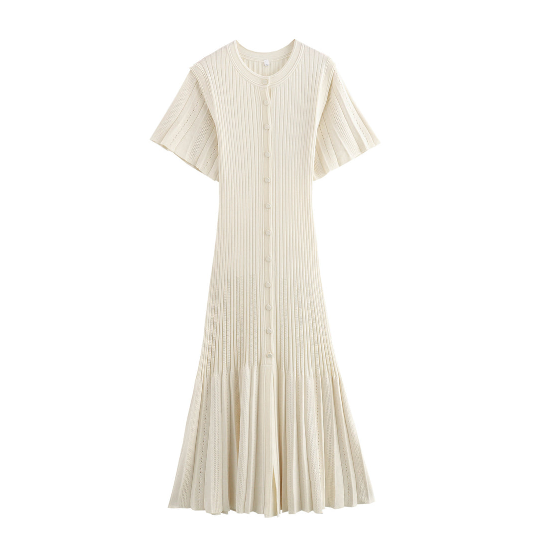 Damen Midi-Kleid mit elegantem Rüschensaum und feiner Knopfdetailierung R&B