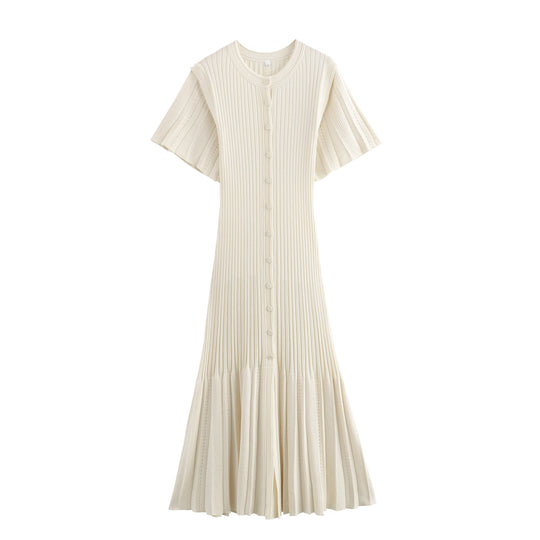 Damen Midi-Kleid mit elegantem Rüschensaum und feiner Knopfdetailierung R&B