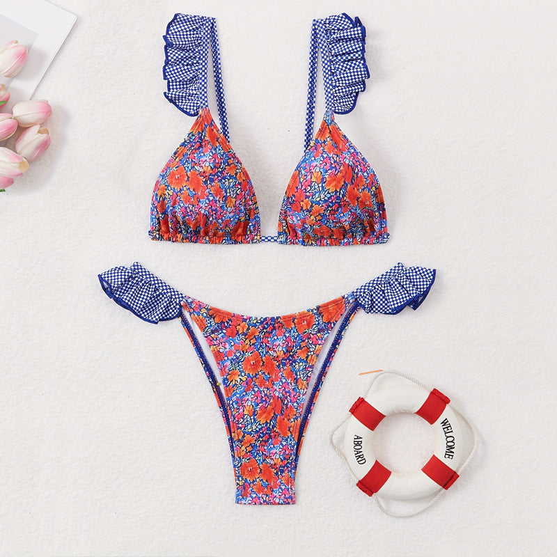 Damen Triangel-Bikini mit verspielten Rüschendetails und floralem Muster R&B