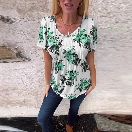 Damen nan Kurzarmbluse mit Kellerfalten, Rundhalsausschnitt und floralem Allover-Print R&B