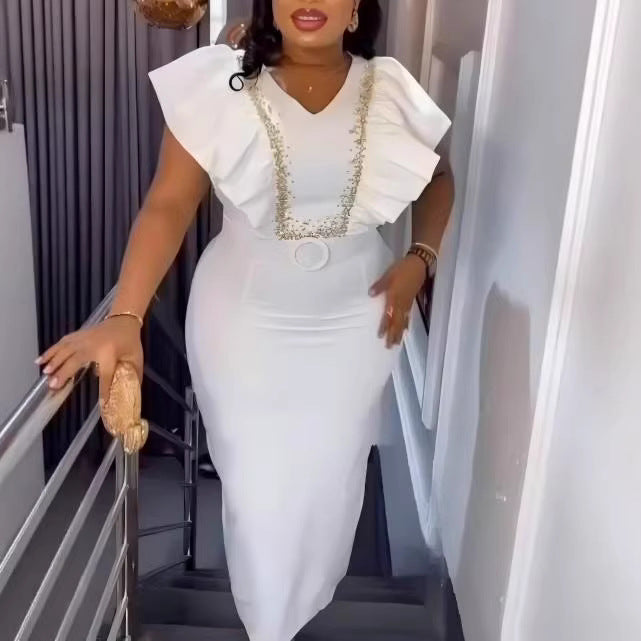 Damen Elegantes Maxikleid mit dekorativen Rüschen und schimmerndem Gürtel R&B