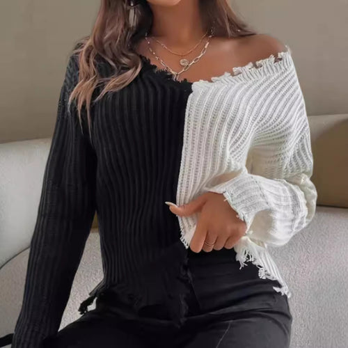Damen Lässiger Strickpullover mit asymmetrischem Design und Fransen R&B