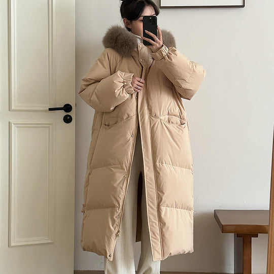 Damen Lange gefütterte Winterjacke mit hochwertigem Kunstfellkragen und praktischen Taschen R&B