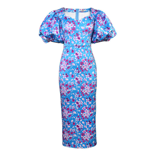 Damen Elegantes Kleid mit voluminösen Puffärmeln und floralem Muster R&B