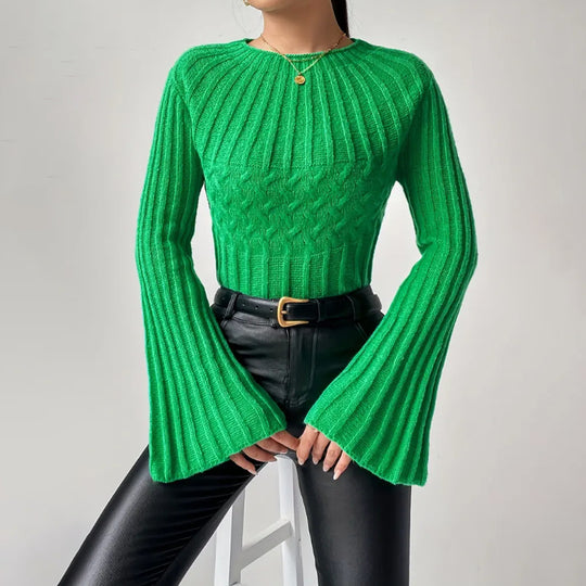 Damen Strickpullover mit weitem Ärmel und Zopfmuster R&B